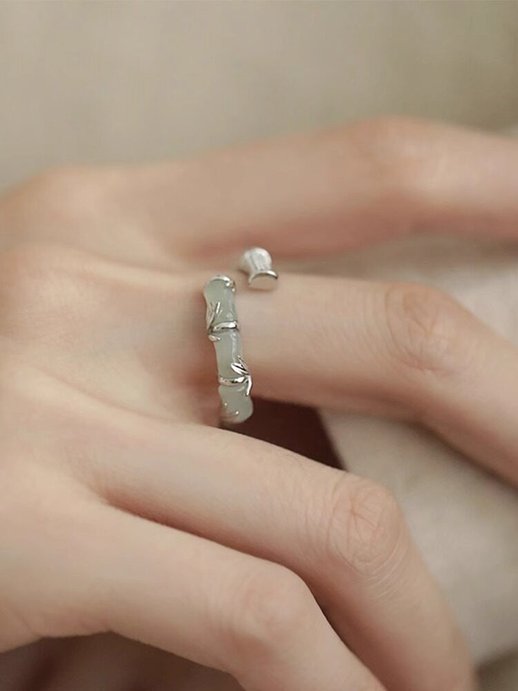 925 Silver Hetian Jade Bamboo Ring for Women – Elegant New Chinese Style