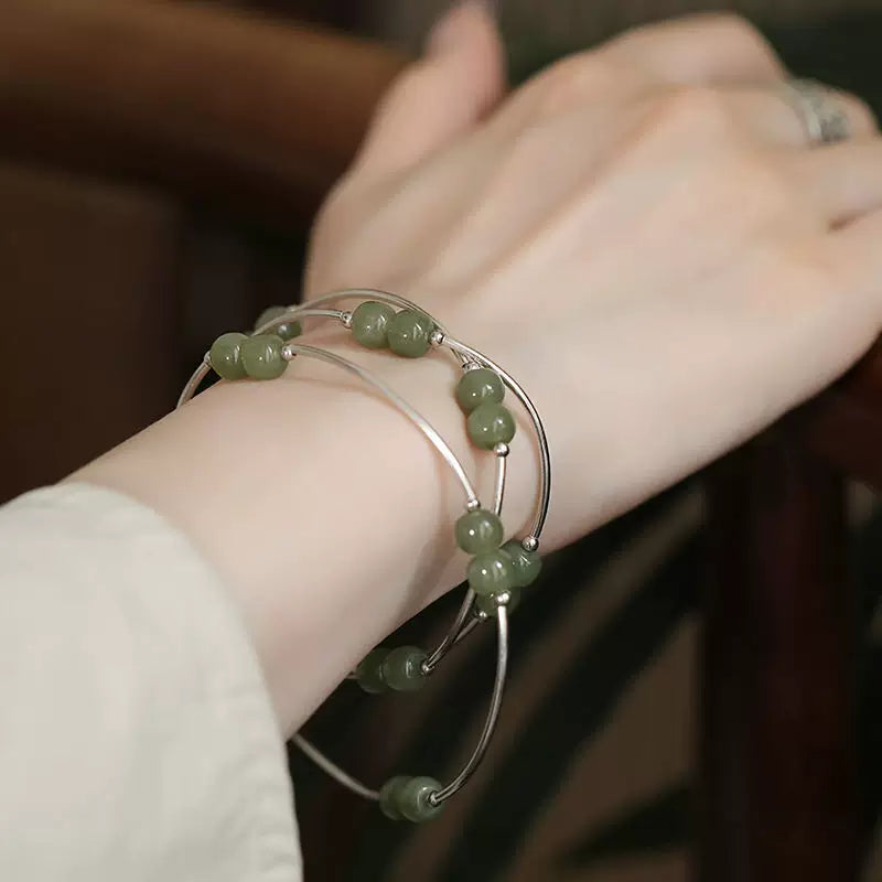 925 Silver Vintage New Chinese Style Hetian Jade Bent Tube Multi-Ring Elastic Bracelet Niche Ethnic Style High-End Look