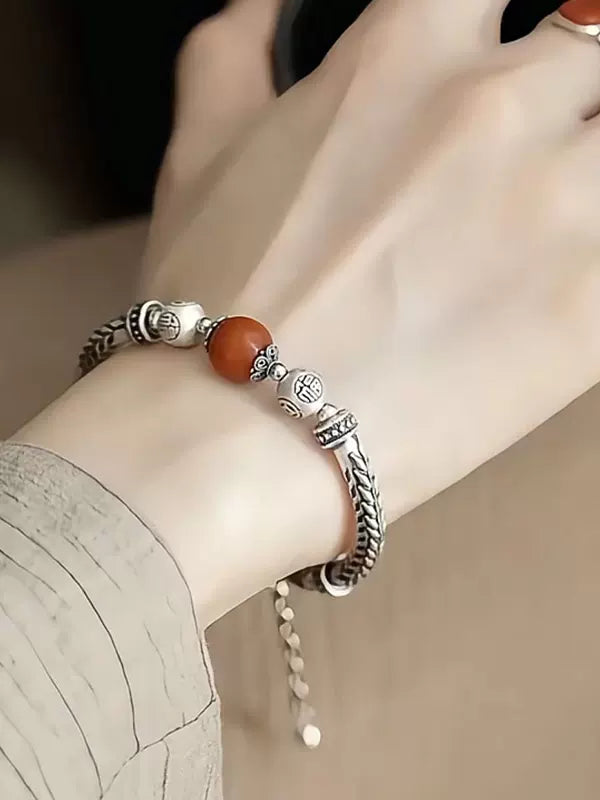 Vintage 925 Silver South Red Wheat Ear Bracelet, New Chinese Niche Curved Tube Copper Coin 'Fu' Beads, Sutra Text High-End Bracelet