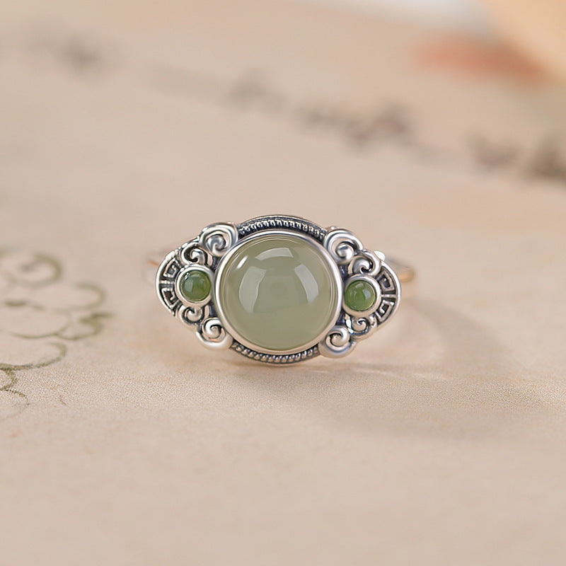 Yinyun S925 silver-inlaid natural Hetian jade, jade, southern red agate, ruyi round new Chinese-style ring