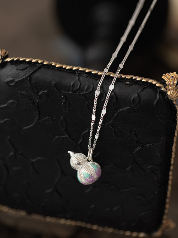 Qing'ai Chenglu Pure Silver 999 Enamel Six-Character Mantra Gourd Necklace Clavicle Chain Vintage Niche Design