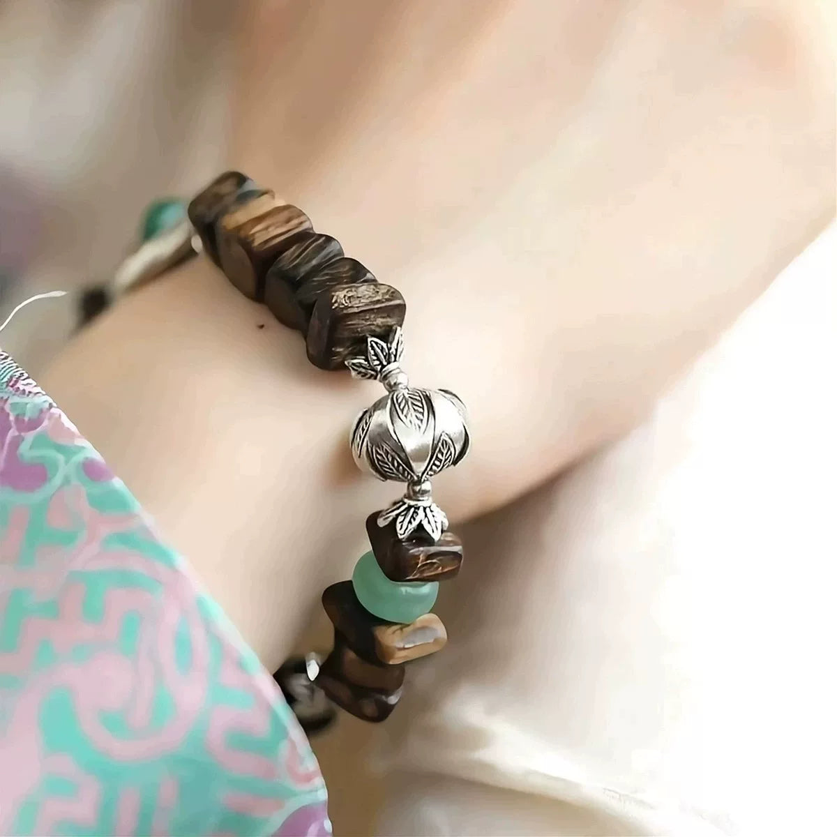 925 silver retro new Chinese agarwood silver axe bracelet elastic bracelet old ethnic style green agate niche design