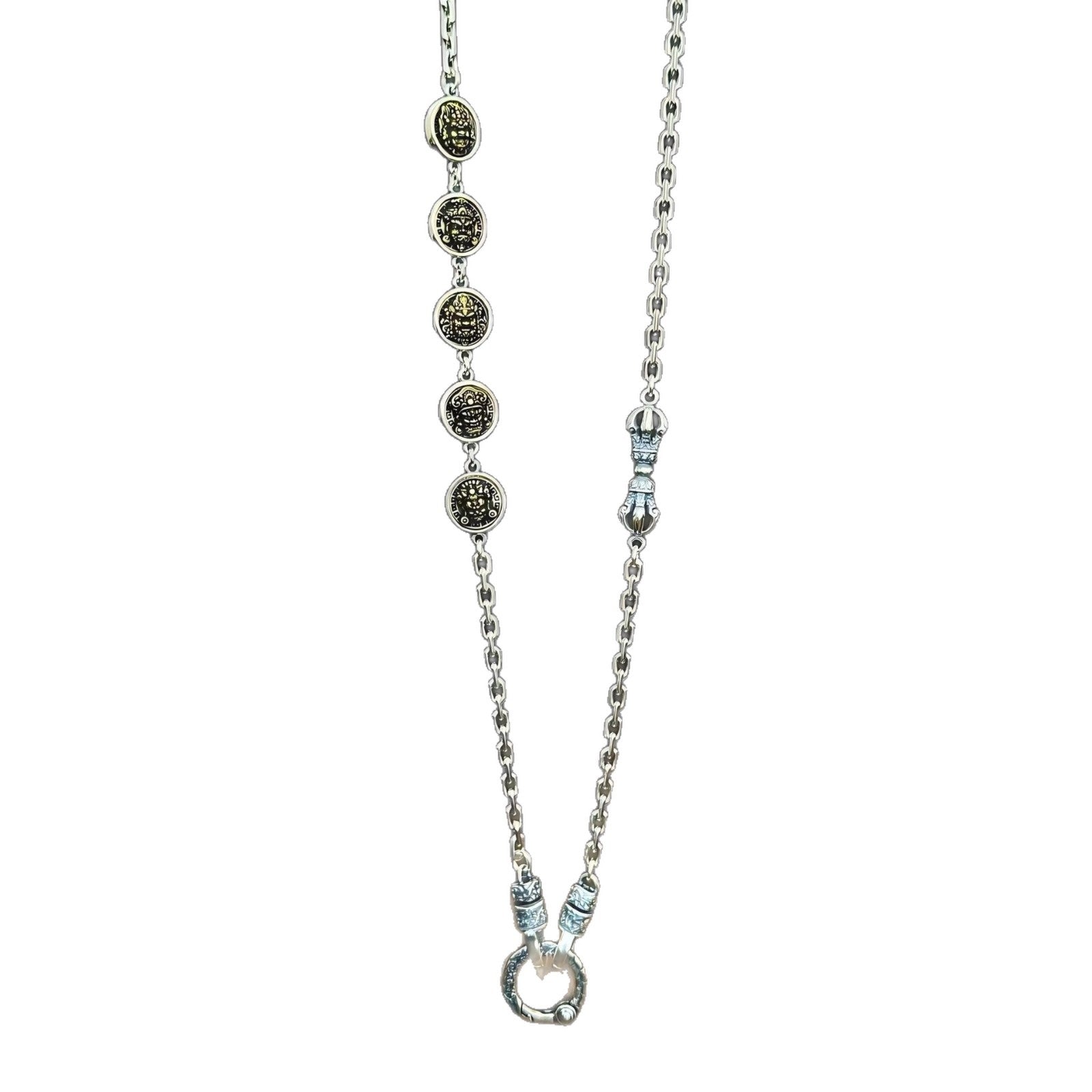 S925 pure silver Tibetan vintage Chinese style five-way God of Wealth pendant universal chain versatile necklace men's and women's sweater chains