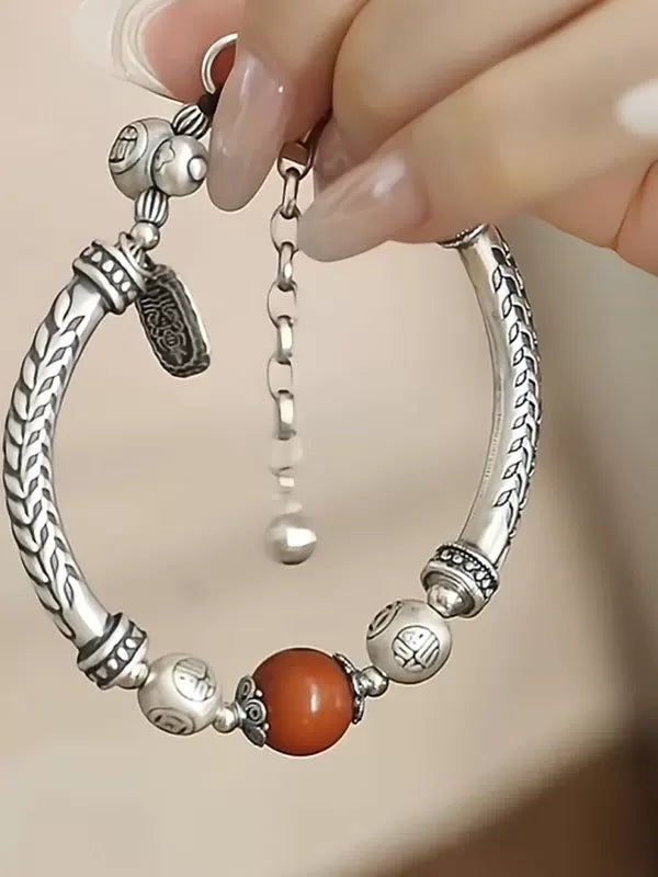 Vintage 925 Silver South Red Wheat Ear Bracelet, New Chinese Niche Curved Tube Copper Coin 'Fu' Beads, Sutra Text High-End Bracelet