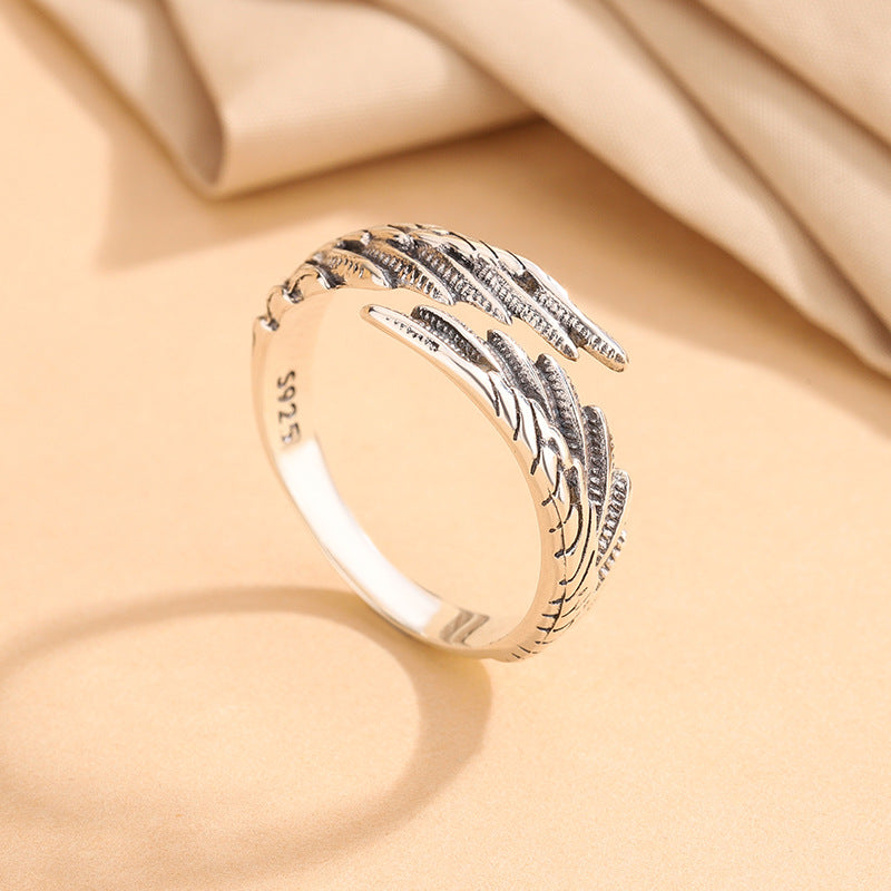 S925 Silver Korean Retro Angel Wing Ring, Simple and Niche Design, Versatile Wing Feather Index Finger Ring