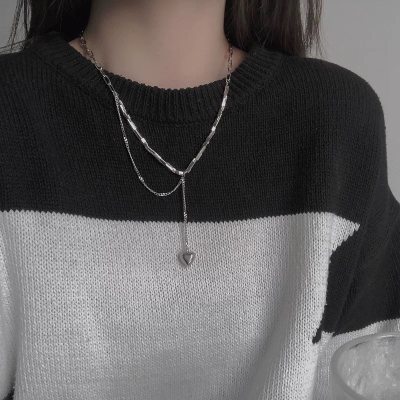 S925 sterling silver 3D square heart necklace for women, hip-hop cool style, versatile, niche design sweater chain