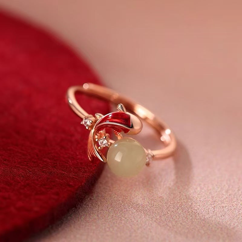 925 silver-plated jade see koi ring, New Year's natal year, plain circle, index finger ring, female New Year's opening ring
