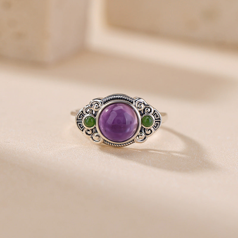 Yinyun S925 silver-inlaid natural Hetian jade, jade, southern red agate, ruyi round new Chinese-style ring