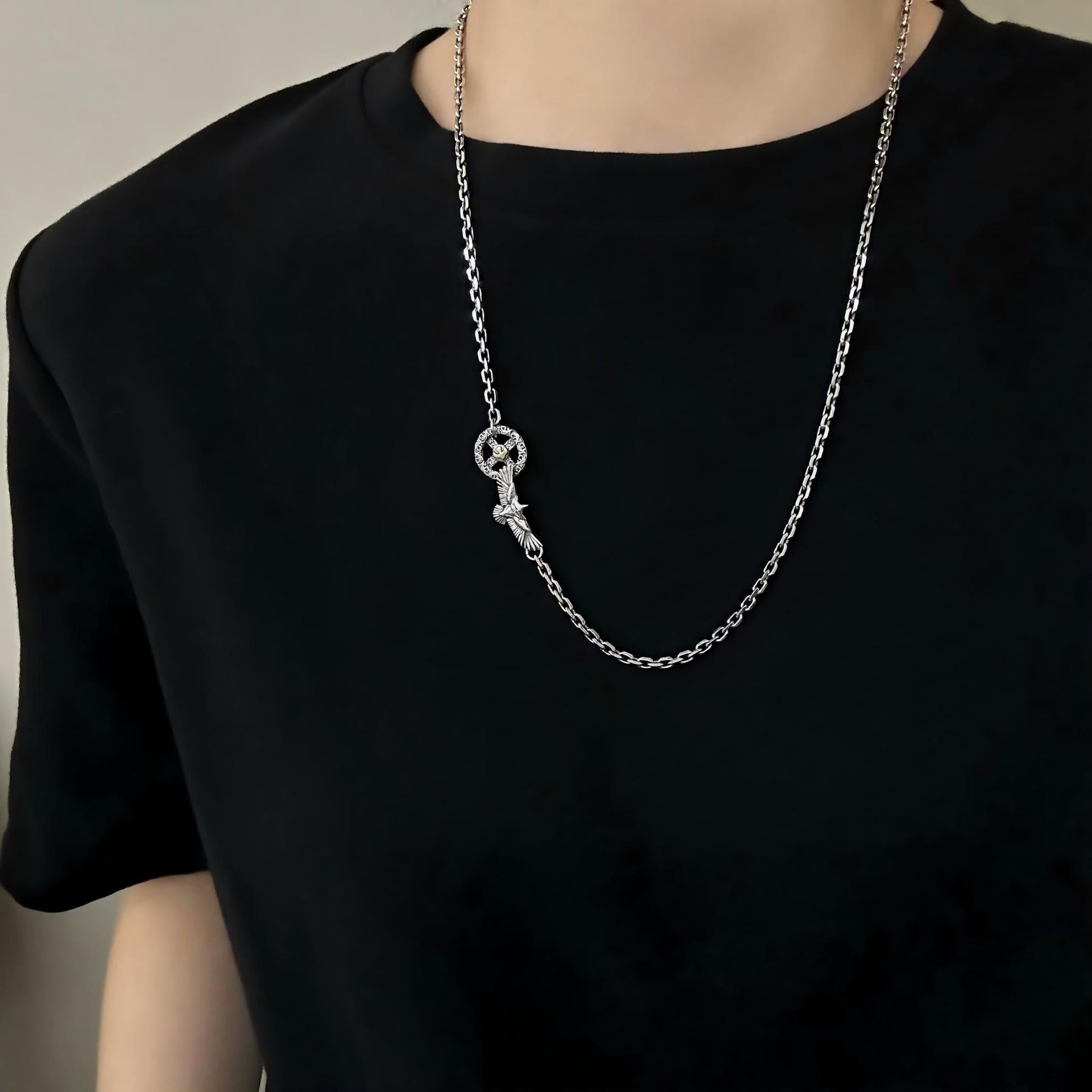 S925 sterling silver necklace, Tang grass cross wheel flying eagle and Tajiao neck, vintage trendy versatile unisex heavy-duty sweater chain