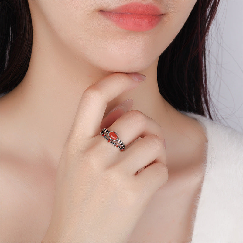 S925 Silver Double-Layer Agate & Turquoise Ring – New Chinese Luxury Style