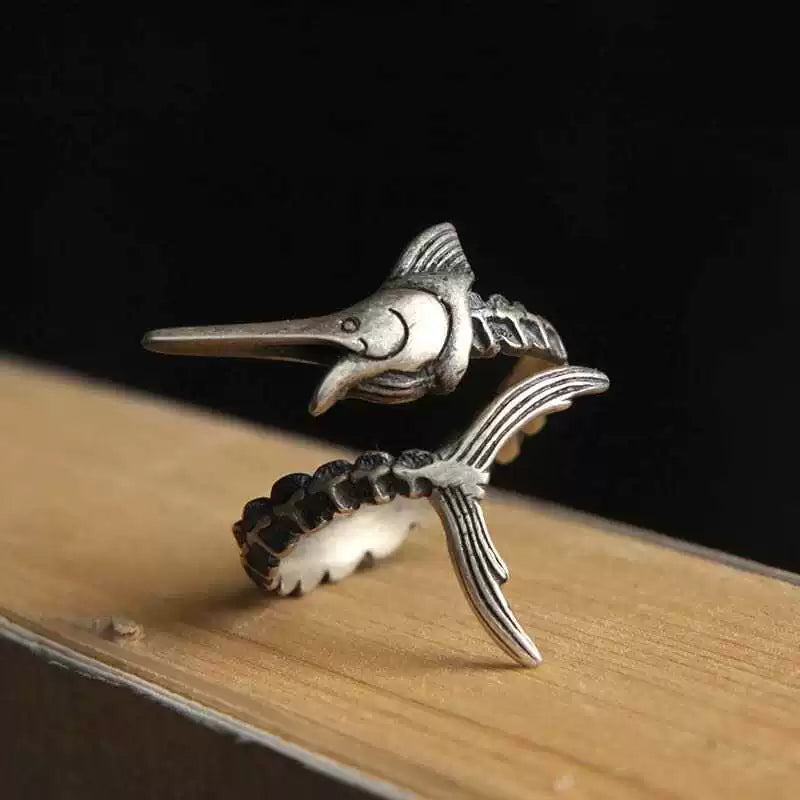 "The Old Man and the Sea" 925 sterling silver marlin bone open ring, men's trendy personality, simple retro Thai silver tail ring