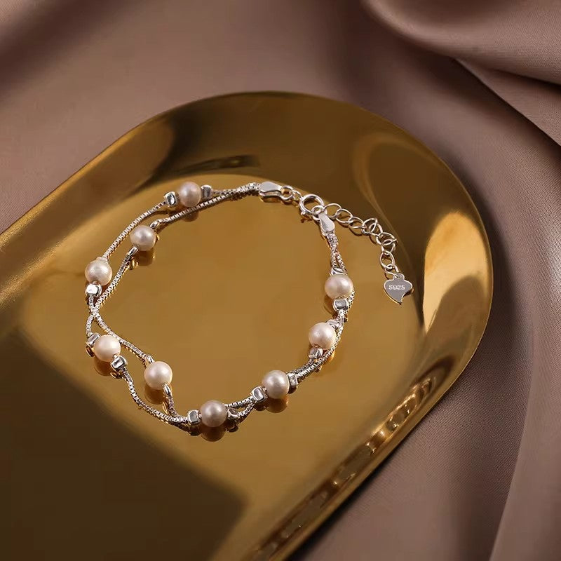 925 pure silver natural pearl double-layer bracelet for women, Korean versatile INS premium stackable bracelet round bead bracelet