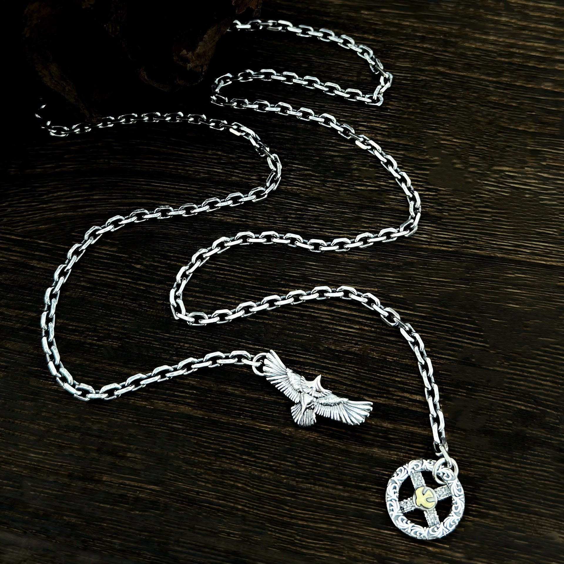 S925 sterling silver necklace, Tang grass cross wheel flying eagle and Tajiao neck, vintage trendy versatile unisex heavy-duty sweater chain