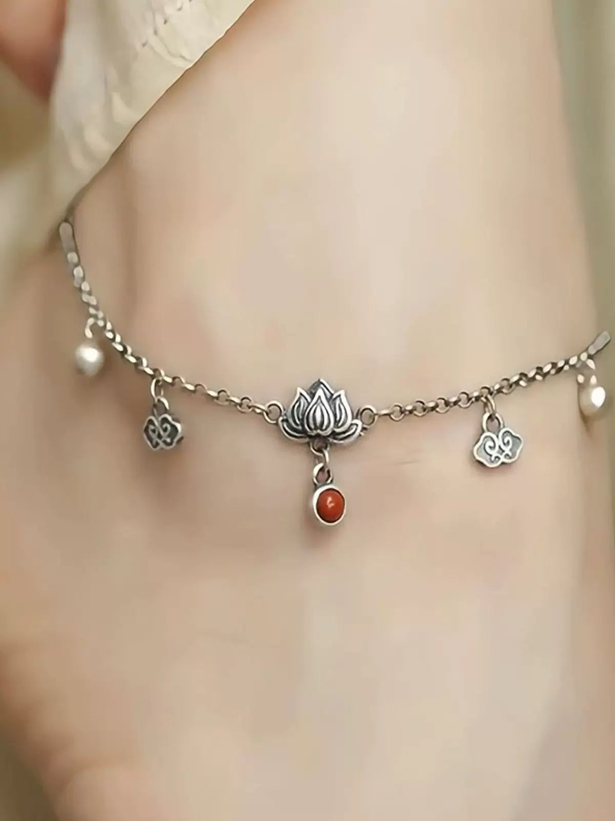 Vintage 925 Silver Step Lotus Anklet for Women, New Chinese Style Niche Design Lotus Bell Versatile Anklet