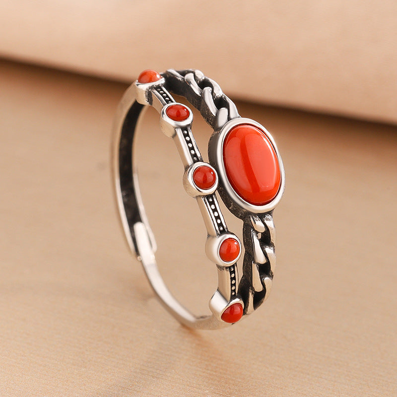 S925 Silver Double-Layer Agate & Turquoise Ring – New Chinese Luxury Style