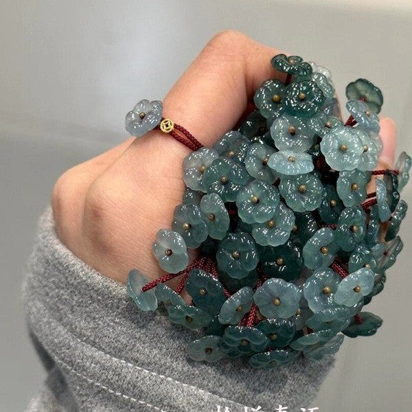 New Chinese style rich flower imitation jade flower ring female exquisite natal year red rope weaving index finger ring simple and versatile national style