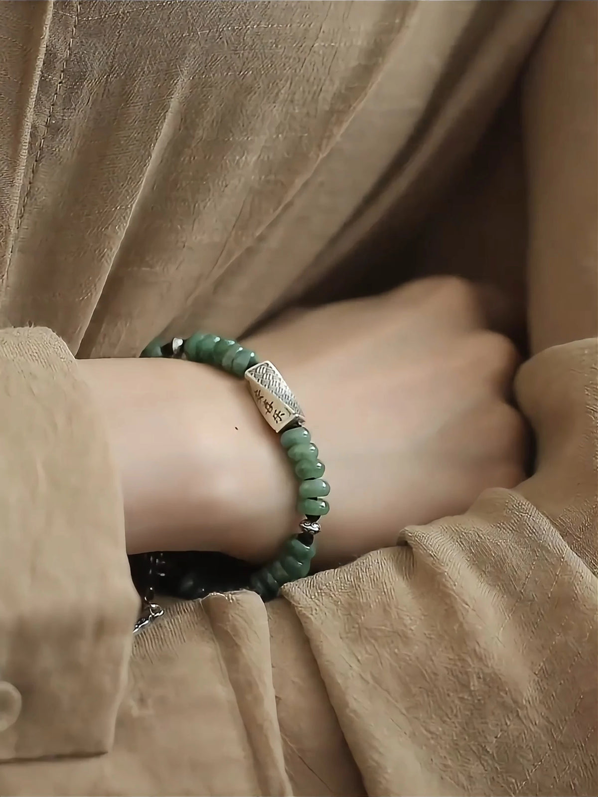 925 Silver Ping'an Joy Natural Jade Bead Woven Bracelet National Style New Chinese Style Retro Distressed Bracelet Gift