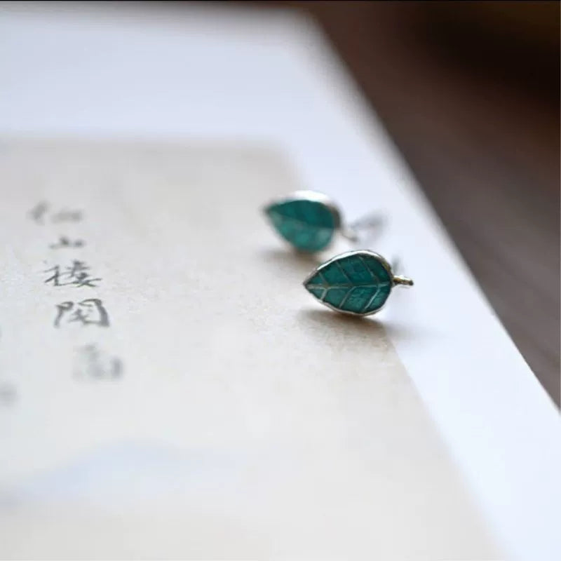 925 pure silver solid silver oil oil color cute blue-green leaf cute silver stud earrings