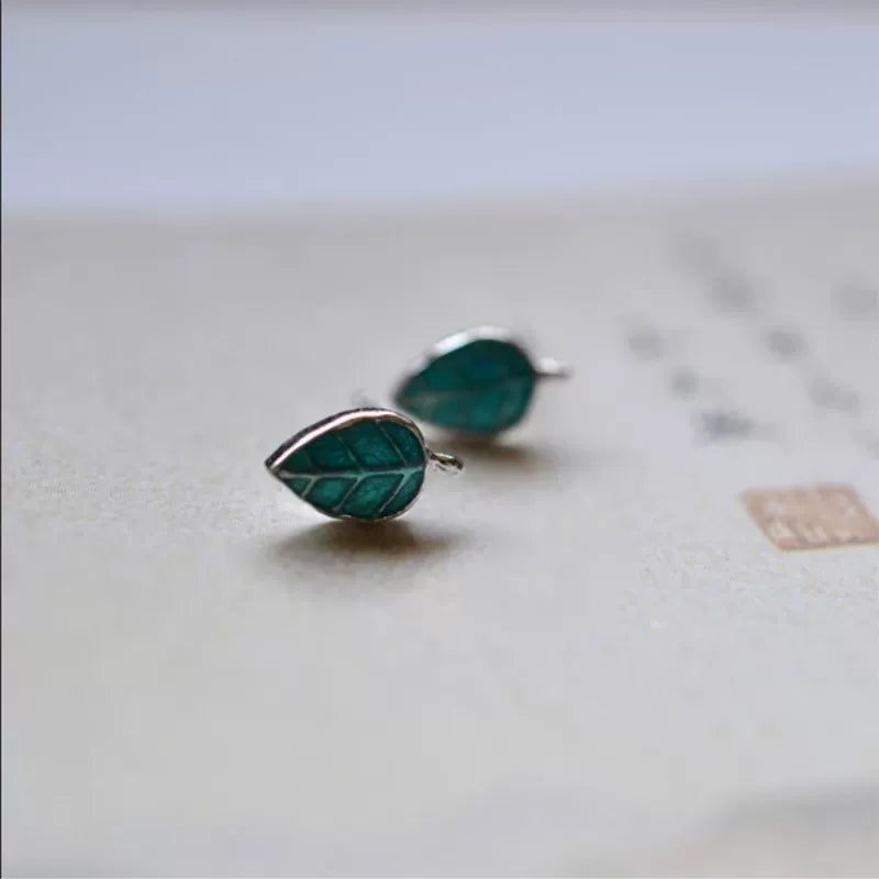 925 pure silver solid silver oil oil color cute blue-green leaf cute silver stud earrings