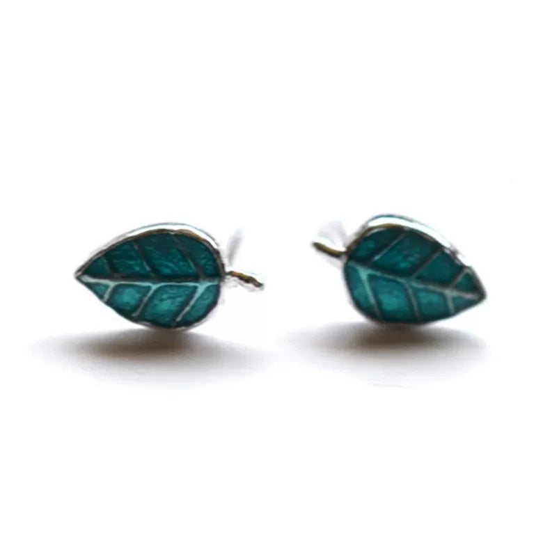925 pure silver solid silver oil oil color cute blue-green leaf cute silver stud earrings